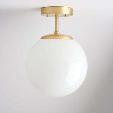 Mid-Century Modern Lighting Fixture - Hand Blown White Glass Shade - Semi Flush 