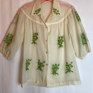 60’s 70’s embroidered peasant blouse~ off white & green floral embroidery Sheer puff sleeves thin cotton tunic top loose fit boho style Med 