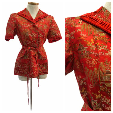 Vintage VTG 1940s 40s Red Asian Floral Patterned Peplum Blouse Top 