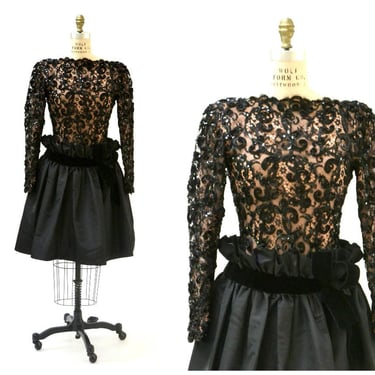 Vintage Black Lace Dress By Bob Mackie Small Medium// 80s 90s Black Sequin Party Dress Lace Long Sleeve Crinoline Dress 