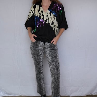 Sequin Silk Blouse / Diane Frés Party Top / Green Blue Purple White Sequined Top / Stage Wear / High Fashion Designer 
