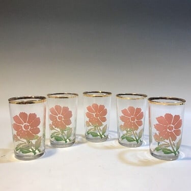 5 pink Flower Power Juice Glasses, Gold Rim 1940s, Federal Retro Mod Barware, retro kitchen glassware, retro water glasses, summer glasses 