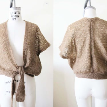 Vintage Ballet Warm Up Fuzzy Open Knit Wrap Blouse M L - 1980s Soft Brown Earthy Romantic Slouchy Fall Top 