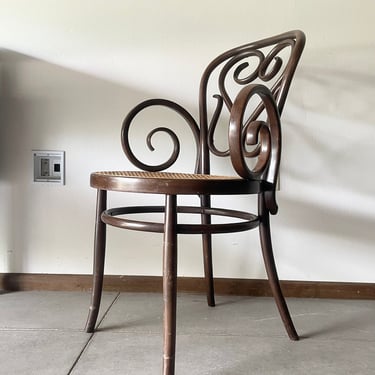 Bentwood Cafe Chair Salvatore Leone | Wood Rattan Seat | Thonet Cafe Daum Style Chair Mid Century Dining Chair Curved Arms Dark Wood Rattan 