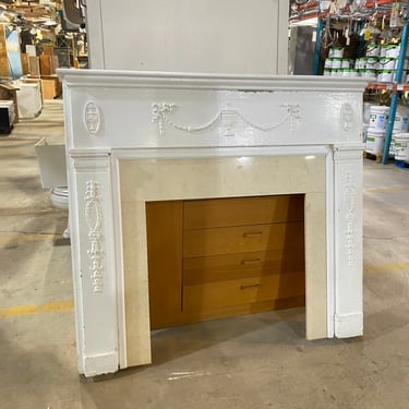 White Fireplace Mantel with Stone Surround and Neoclassical Trim