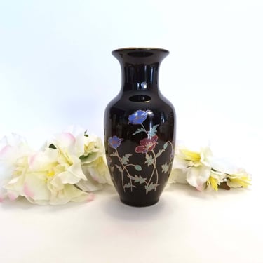 Beautiful Black Porcelain Vase Japanese Anemone Gold Otagiri Mercantile Company OMC Japan Kenzan Gama Kiln 