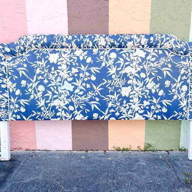 Blue and White Upholstered King Headboard