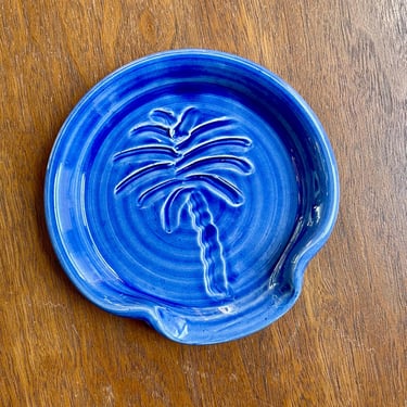 Handmade Bright Blue Palm Tree Pottery Ceramic Dish, Spoon Rest | Charleston South Carolina Beach House 