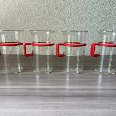 Vintage, Bodum glassware, set of 4, Red Glass cups, Glass Bodum, Clear Glass and Red Plastic, Vintage 1970's 