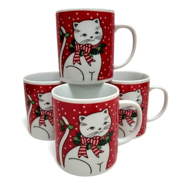 Vintage Christmas Kitty Cat Porcelain Mug Set, Holiday Cups, Cup of Joe Tea Hot Chocolate, Made in Japan, Xmas Morning Coffee 
