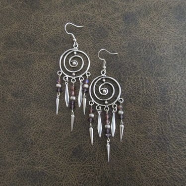 Large chandelier earrings, gypsy earrings, boho bohemian earrings, purple crystal beaded earrings, bling, princess earrings, antique silver 