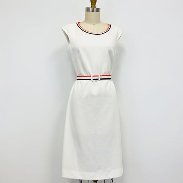 Vintage White Belted Shift Dress with Red and Black Trim | 1970s Bleeker Street Dress | Size Medium 