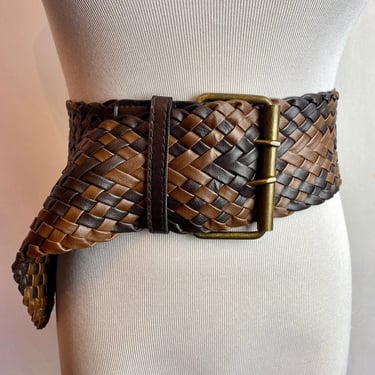 80’s Extra Wide braided brown leather dress belt New wave rocker boho 1980’s woven vinyl Women’s statement belts size MED open 