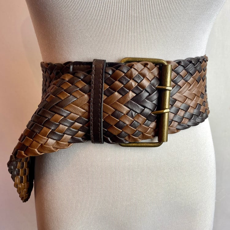 Wide Boho Woven Leather Stretchy Belt Brown with Brass Studs Women’s Size L/XL 3 1/2 main image 4