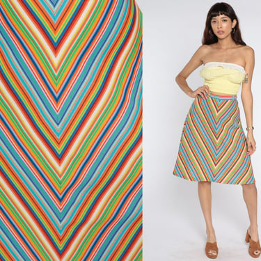 70s Rainbow Skirt Chevron Stripes Skirt 1970s High Waist Hippie Retro Midi Knee Length Bohemian Festival Boho Extra Small XS 