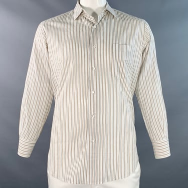 LORO PIANA Size L White Tan Grey Stripe Cotton One Pocket Long Sleeve Shirt