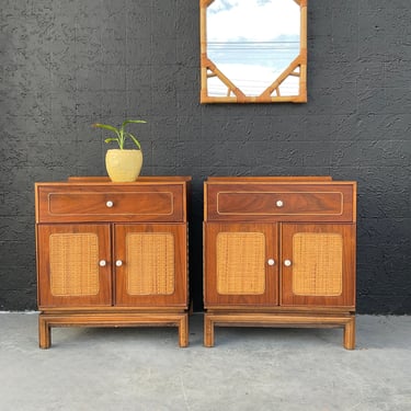 Cane Front Walnut Bassett Nightstands / Pair