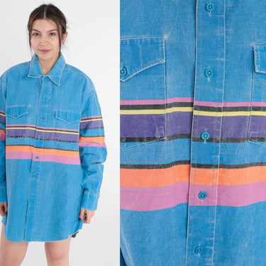 Blue Striped Shirt 90s Wrangler Button Up Shirt Long Sleeve Rainbow Western Oxford Top Basic Retro Vintage 1990s Men's Extra Large xl 17 1/2 