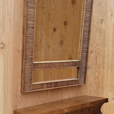 Vintage Hollywood Regency Bamboo and Rattan Rectangular Beveled Wall Mirror and Matching Wall Mount Console Table by LaBarge - Set of 2
