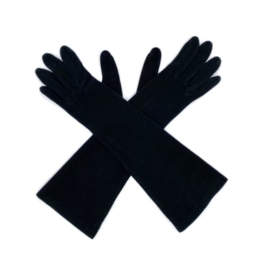 Vintage Black Nylon Velour Gloves, Mid Century Grandoe 8 Button Elbow Length, Size 7 