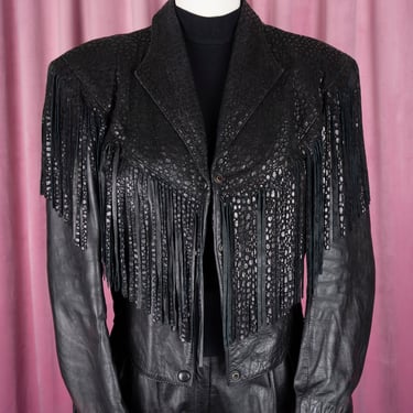 Incredible Vintage 80s Genuine Pebbled Black Leather Fringe Moto Jacket 