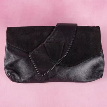 Vintage 80s Black Leather and Suede Clutch Purse with Asymmetrical Layered Front Details 