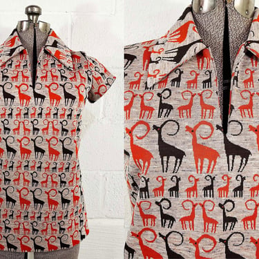 Vintage Mod Ram Shirt Tunic Orange Brown Mod Top Antelope Gazelle Aries Zodiac 1960s 1970s Medium 