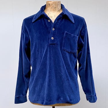 Vintage 1980s Navy Velour Shirt, 80s Gender Neutral Blue Long Sleeve Pullover, Large 44