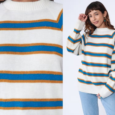 80s Striped Sweater White Knit Raglan Sleeve Blue Mustard Brown 1980s Crewneck Pullover Sweater Retro Slouch Vintage Munsingwear Large 