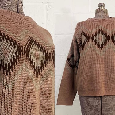 Vintage Fiorucci Sweater Italian Wool Ski Pullover Brown Tan 80s 1980s Long Sleeve Knit Twin Peaks Fair Isle Hygge 1970s 70s Large XL 