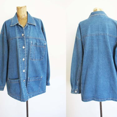 90s Denim Chore Cost M - Vintage 1990s Blue Jean Chore Jacket - Oversized Barn Jacket - 3 Pocket Simple Minimal Denim Collared Jacket 