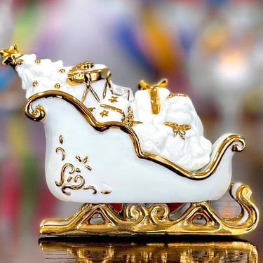 VINTAGE: Bisque Porcelain Christmas Sleigh Ornament - White Porcelain and Gold Ornament - Holiday Ornament - SKU 00040176 