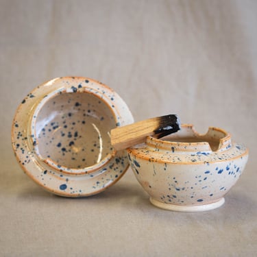 Handmade Ceramic Ashtray | Glossy Cream Glaze with Blue Splatters | Cobalt Speckles | Palo Santo Dish | Jewelry Bowl | Boho | Modern Pottery 