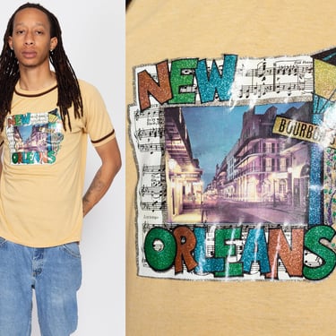 Large 80s New Orleans Bourbon Street Ringer T Shirt | Vintage Glittery Iron On Graphic Tourist Tee 
