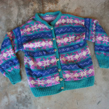 80s 90s Ecuadorian Hand Knit Wool Chunky Cardigan Size L / XL 