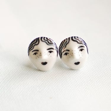 Mini Face Ceramic Face Earrings, Person Face Earrings, Illustrated Jewelry, Face Drop Earrings, Brooklyn Ceramics, Modern Earring Studs 
