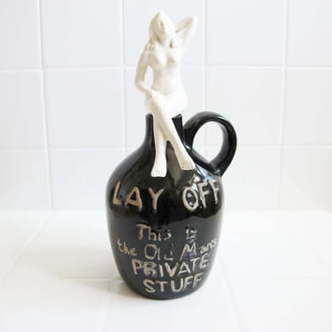 Vintage Nudie Girl Decanter Made in Japan - Lay Off This Is The Old Man's Private Stuff Black Liquor Jug Nude Woman Topper - Vintage Barware 
