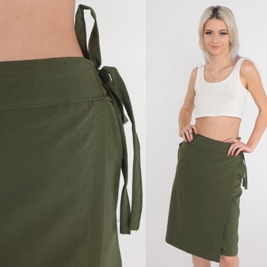 70s Wrap Skirt Olive Green High Waisted Midi Skirt Knee Length Plain Basic Summer Adjustable Simple Straight Cut Vintage 1970s Medium Large 