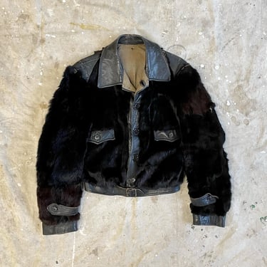 Size Small Vintage 1930s Grizzly Style Black Brown Rabbit Fur and Leather Button Front Jacket 2301 