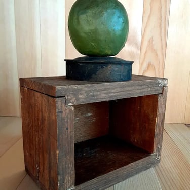 Green Metal Apple On Wooden Box - Folk Art - Mixed Media Supply