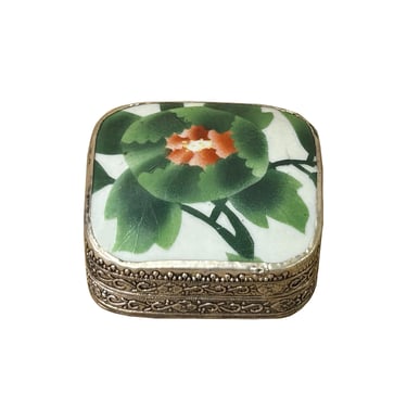 3.5" Chinese Old White Base Pink Flower Graphic Porcelain Art Pewter Box ws3947E 