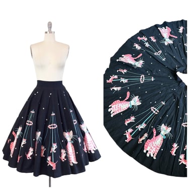 50s Maypole Cat Print Skirt / 1950s Vintage Novelty Border Print Full Skirt / Medium / 28 inch waist 