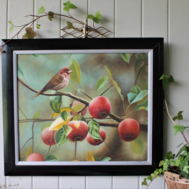Oil on Canvas Painting of Bird in Apple Tree 