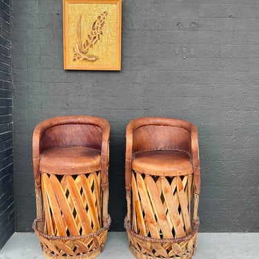 Mexican Equipale Leather & Cedar Barstools