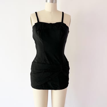 1950s Rose Marie Reid Black Swimsuit / 50s Gathered Waist Large Swimsuit / Vintage Boyshorts Maillot Swimwear 