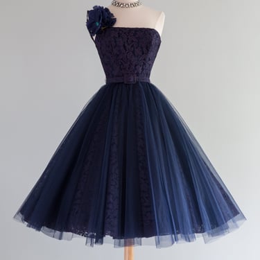 Stunning 1950's Midnight Blue Lace Party Dress / Waist 26&quot;