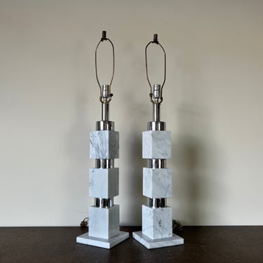 70's Italian Postmodern Stacked Marble & Chrome Table Lamps - a Pair 