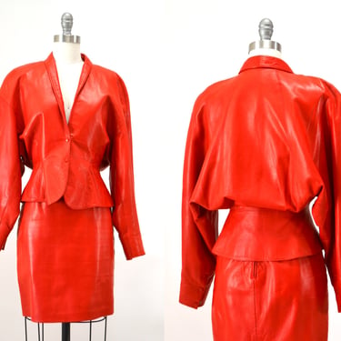 80s 90s Vintage Red Leather Jacket Skirt Suit XS Small 80s Glam Red Leather Jacket Skirt 80s Glam Red leather Skirt Jacket Dolman Sleeves XS 