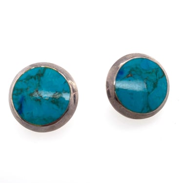 Vintage Artisan Large Round Button Turquoise Sterling Silver Pierced Earrings 