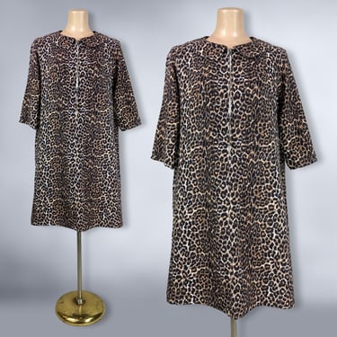 VINTAGE 60s Leopard Print Soft Flannel Mini Lounge Dress by Sue Sherry Sz Small | 1960s Zip front Mod House Dress | VFG 